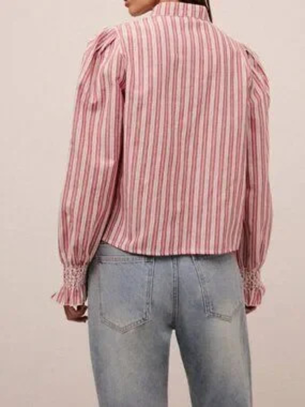 Red Casual Women's Vertical Stripe Mandarin Collar Puff Sleeve Ruffle Trim Shirt